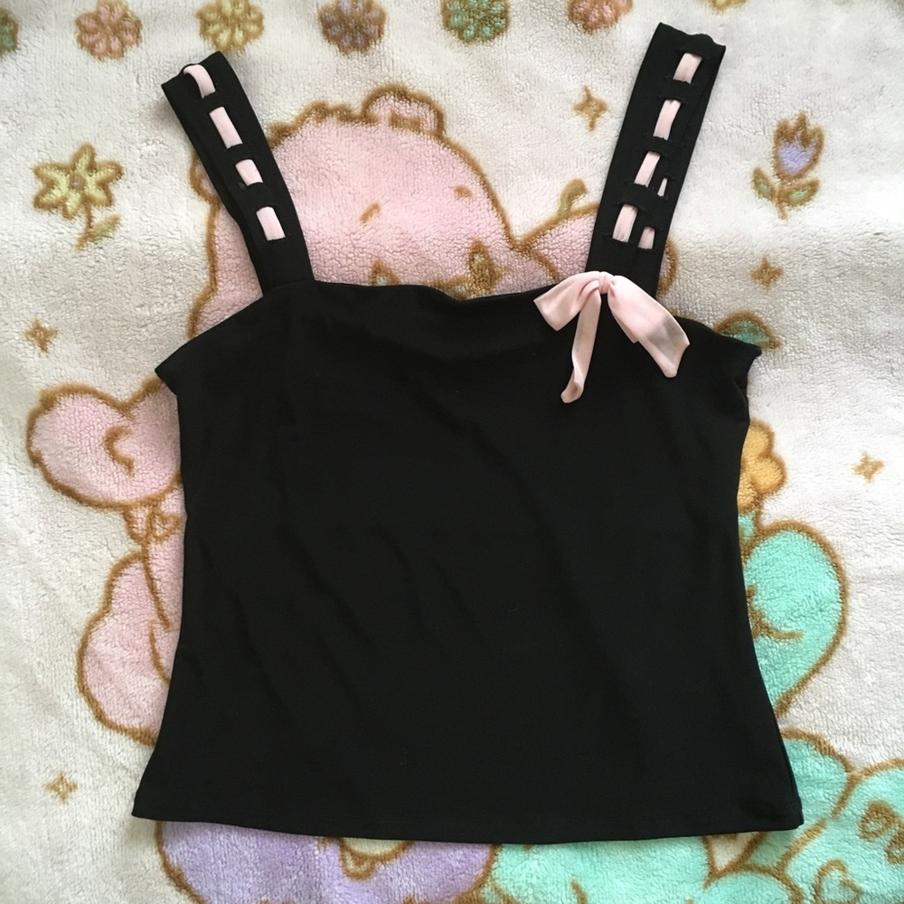 Vintage 90s Y2K Vol. 1 Black Pink Bow Ribbon Tank Top L Coquette